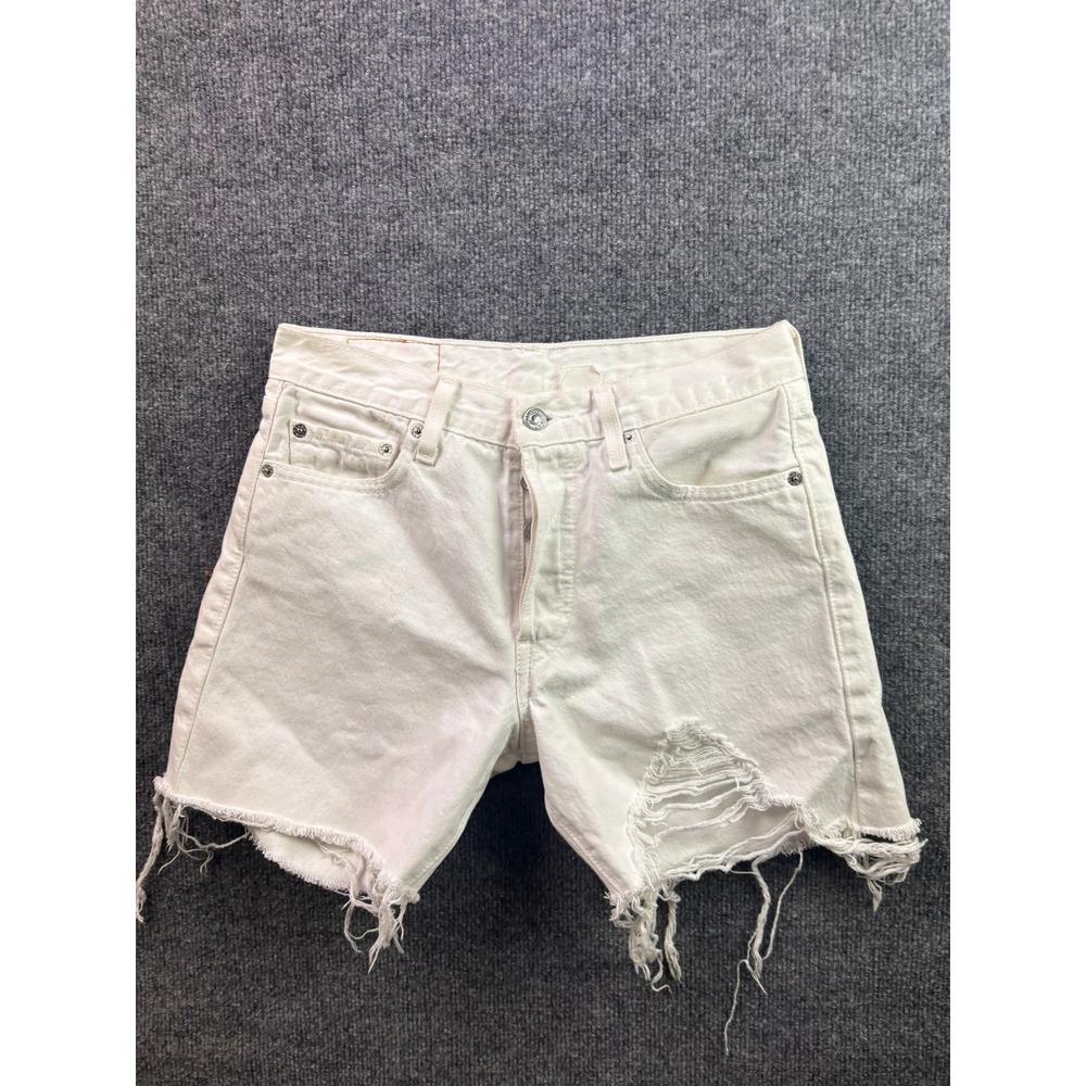 Vintage Levi's 501 Denim Shorts Womens 29 White Distressed Raw Hem Button Fly